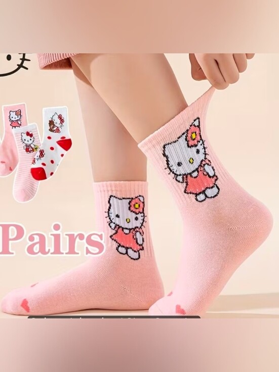Hello Kitty Other - Hello Kitty Pink Crew Socks with Cartoon Cat and Heart Accents